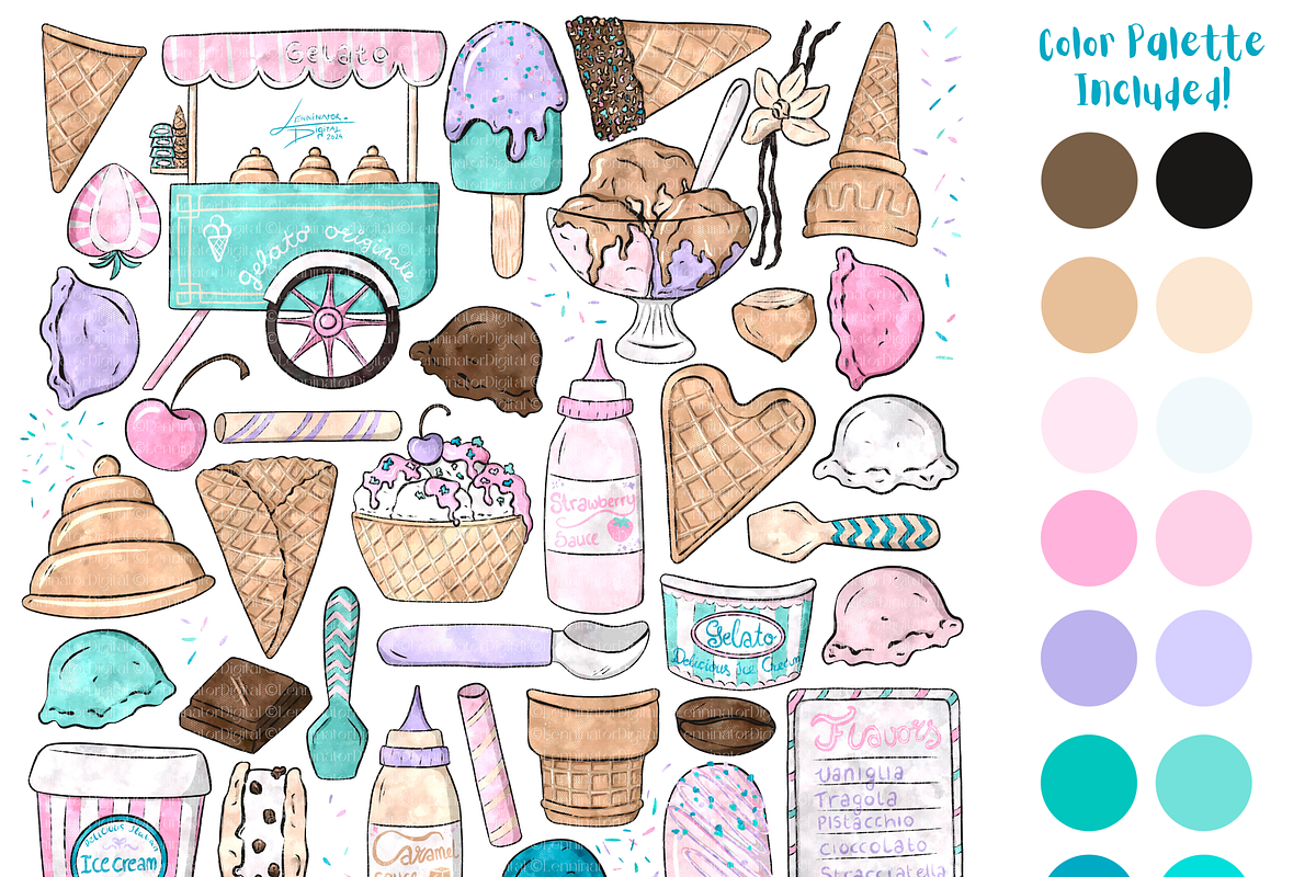 Watercolor Gelato Ice Cream Clipart, a Food Illustration by Lenninator Digital (Photo 2 of 9)