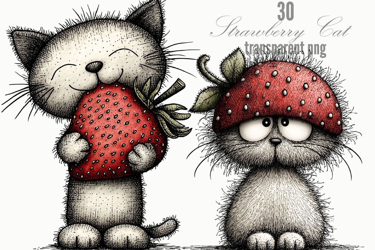 Strawberry Cat Whimsical Clipart, a Seasonal Illustration by Designking (Photo 1 of 5)