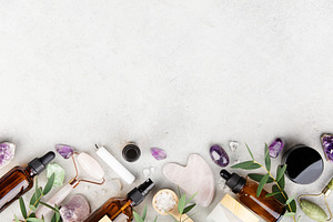 Natural Spa Essentials with Crystals, Gua Sha, and Dropper Bottl, a Beauty & Fashion Photo by Natalia Klenova's Shop