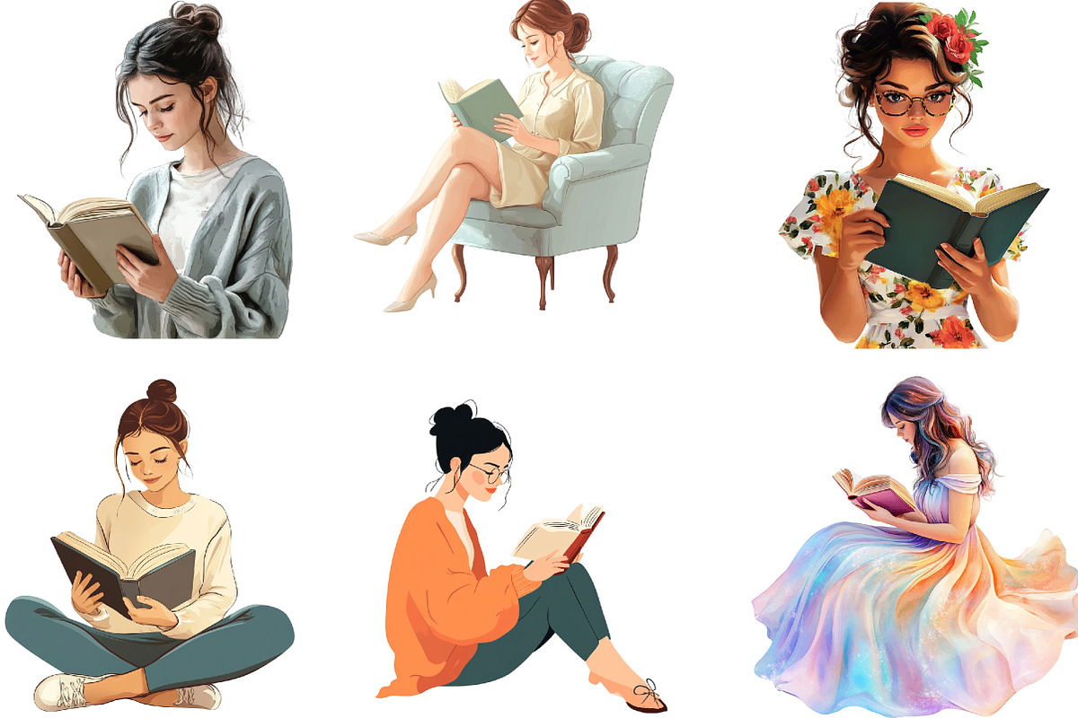 Beautiful Woman Reading Book Clipart, an Illustration by Designking (Photo 3 of 5)