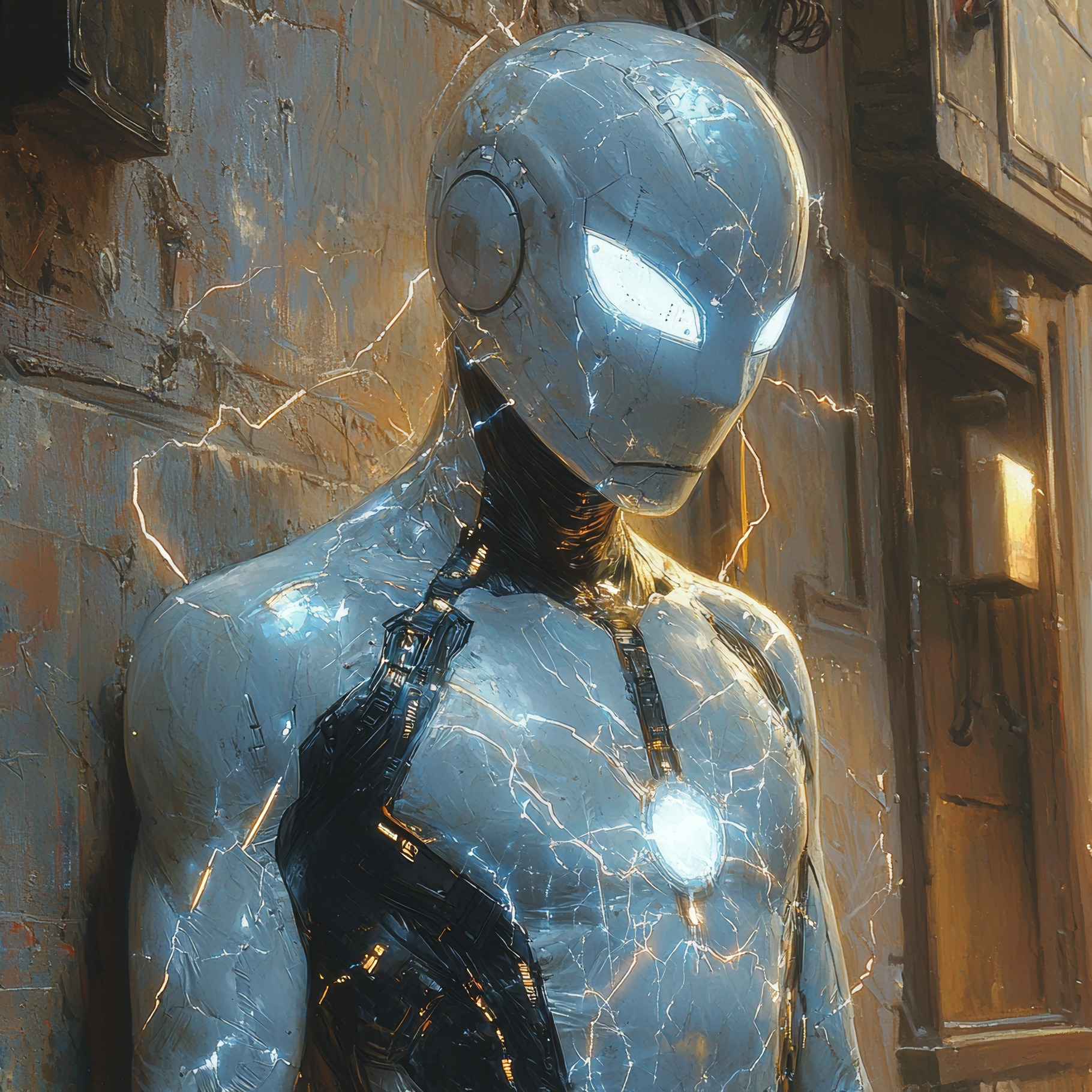 Futuristic humanoid robot with glowing eyes in a cyberpunk city setting ...