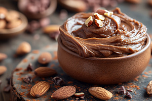 Delicious chocolate almond spread in a rustic bowl, topped with, a Food & Drink Photo by ImageMir