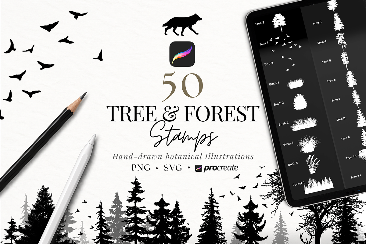50 Tree Forest Procreate PNG SVG, a Brush Add-On by LaurenceVArtiste (Photo 1 of 7)