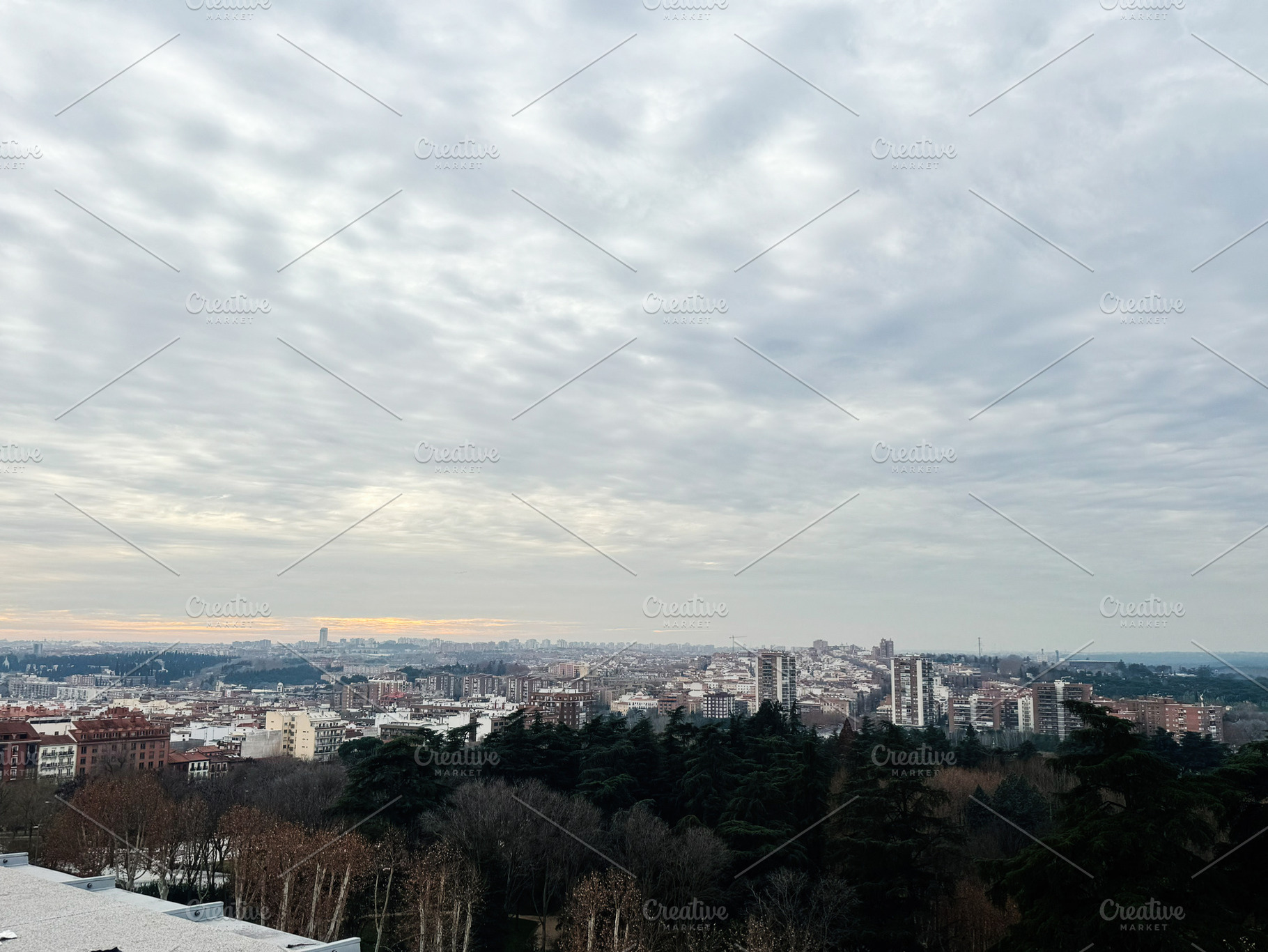 Panoramic view of Madrid cityscape during a cloudy day with skyline visible, a Photo by AS photostudio