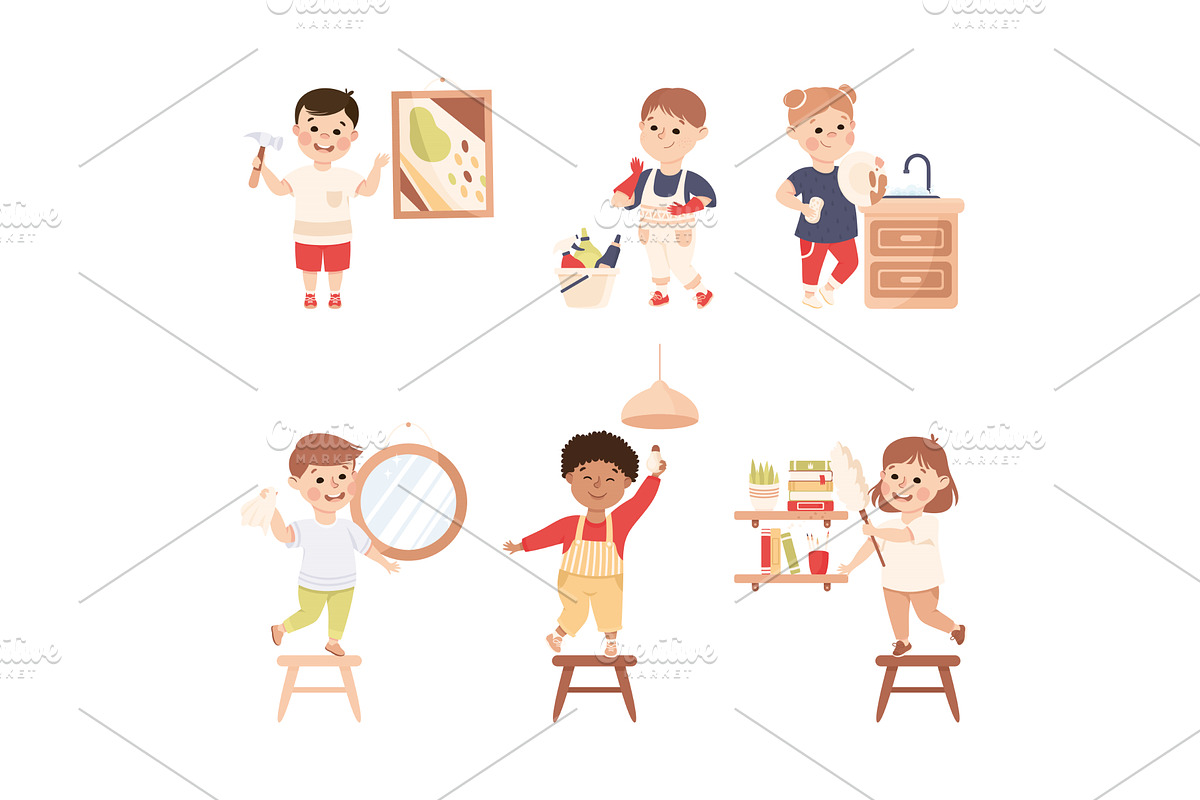 Cute Boy and Girl Doing Housework, a Person Illustration by TopVectors