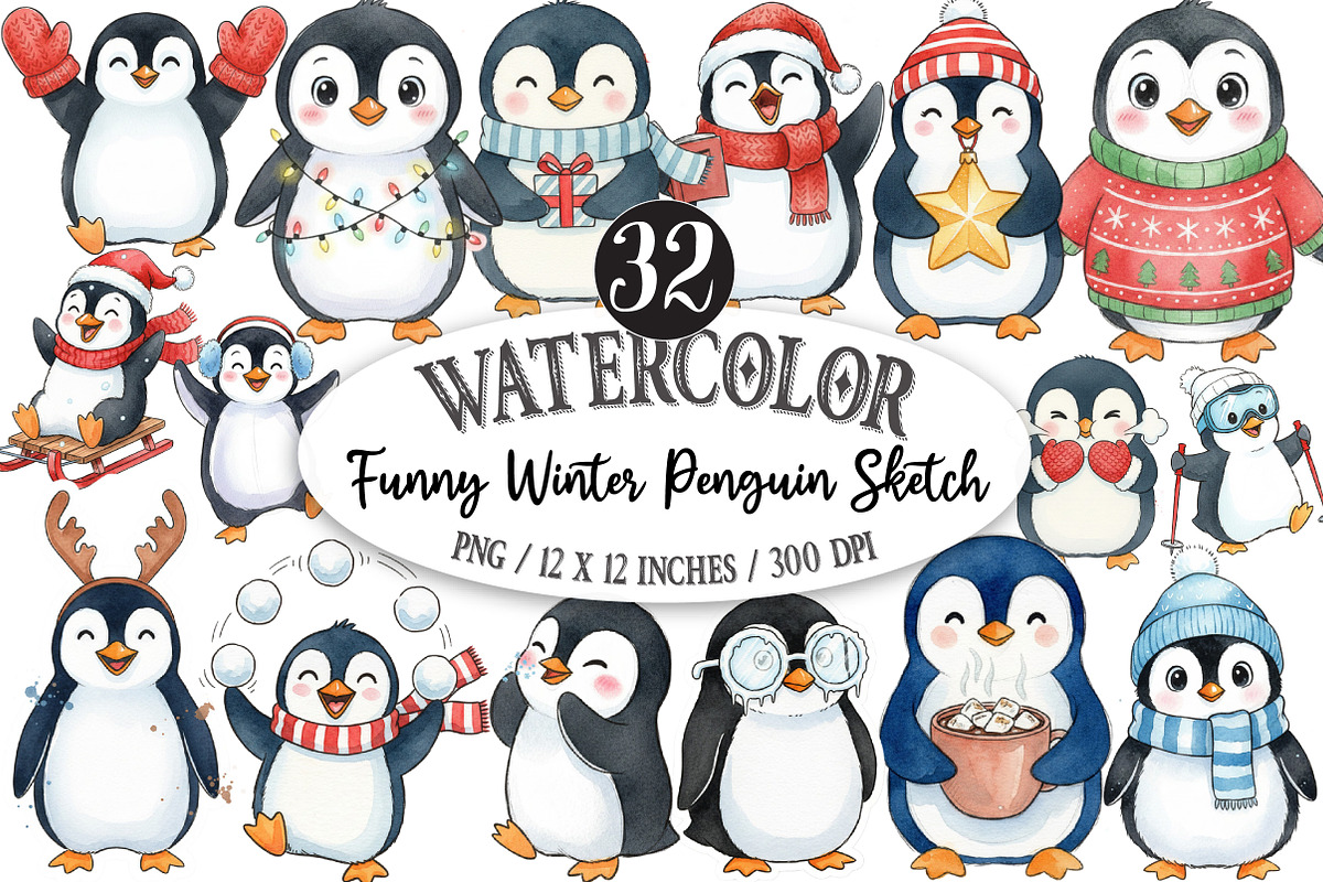 Funny Winter Penguin Sketch Art, an Illustration by Designking (Photo 1 of 5)