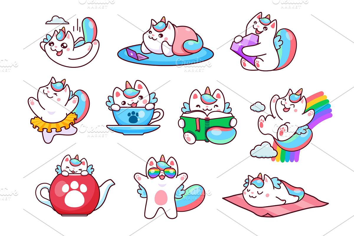 Cartoon funny cute caticorns, an Animal Illustration by Vector Tradition