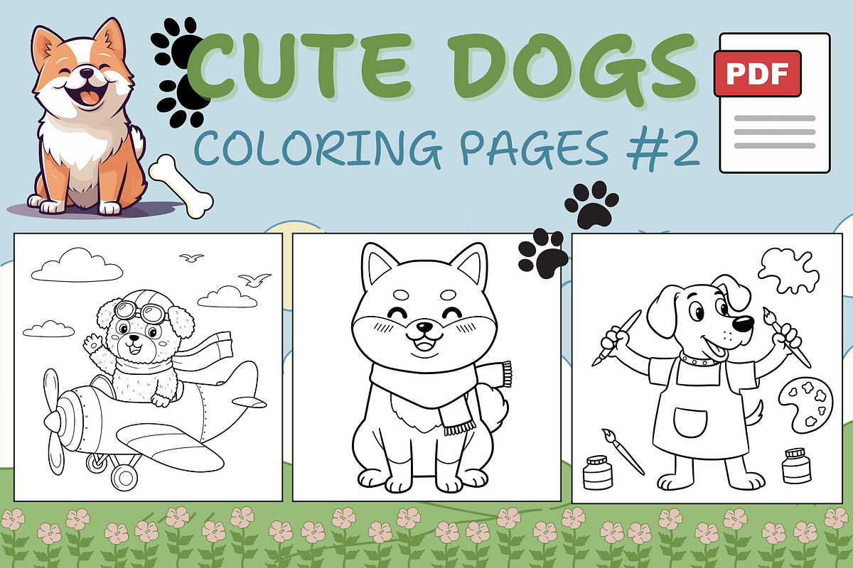 Cute Dogs Coloring Pages #2, an Animal Illustration by Inkivelle Studio