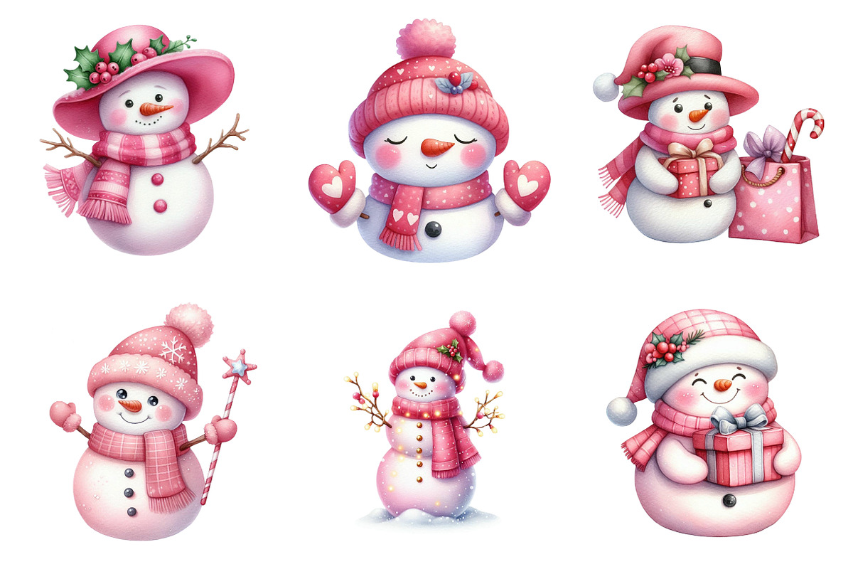 Watercolor Pink Snowman Clipart, an Illustration by SinaCreation (Photo 4 of 7)