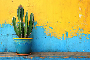 Cactus in a colorful ceramic pot against a vibrant yellow and blue wall backdro, a Nature Photo by AlyaAnd