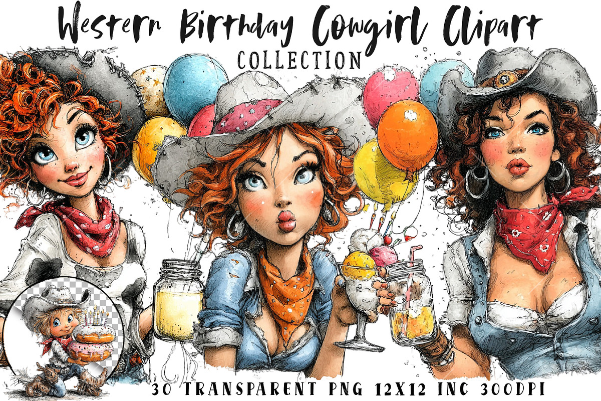 Western Birthday Cowgirl Clipart, a Seasonal Illustration by OK Design (Photo 1 of 12)