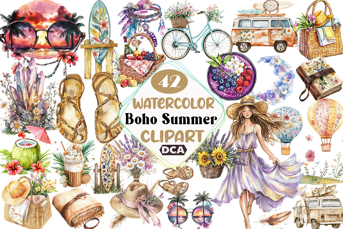 Watercolor Boho Summer ClipArt, an Illustration by DreamCafeArt (Photo 1 of 5)