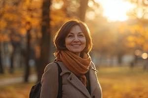 Beautiful mature woman in a warm modern clothes in autumn park, a Photo by AlyaAnd