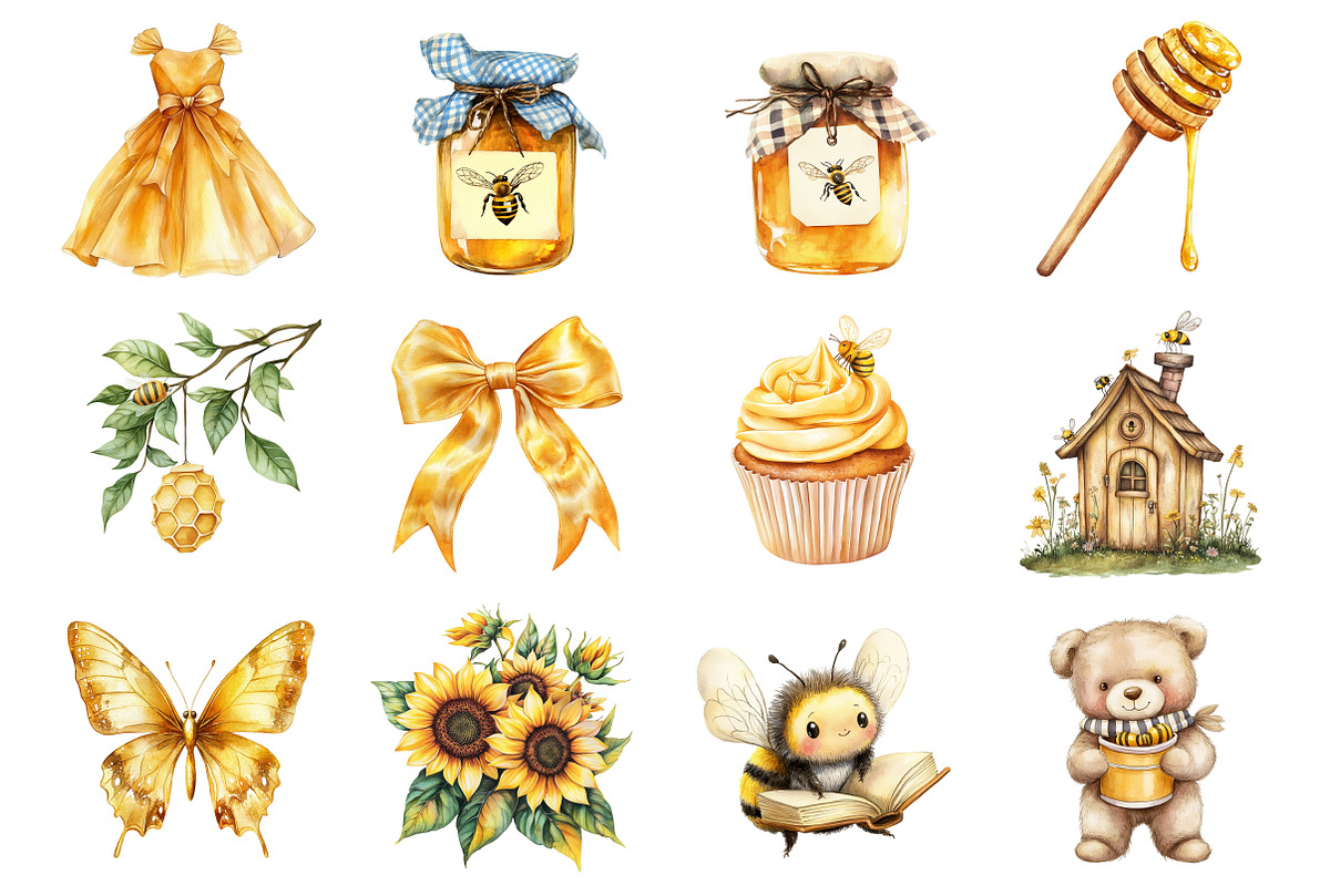 Watercolor Bee and Bear Clipart, a Seasonal Illustration by CitraGraphics (Photo 2 of 3)