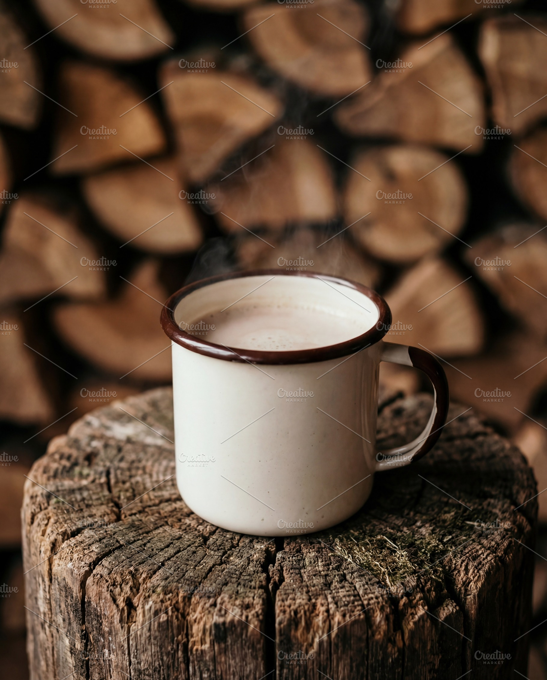 Rustic Enamel Mug with Hot Steaming, a Food & Drink Photo by Virgo Studio