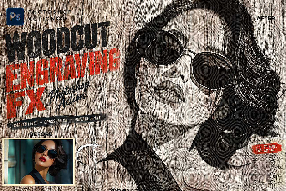 WOODCUT ENGRAVING SKETCH FX, an Action Add-On by Studio Retouch (Photo 1 of 13)