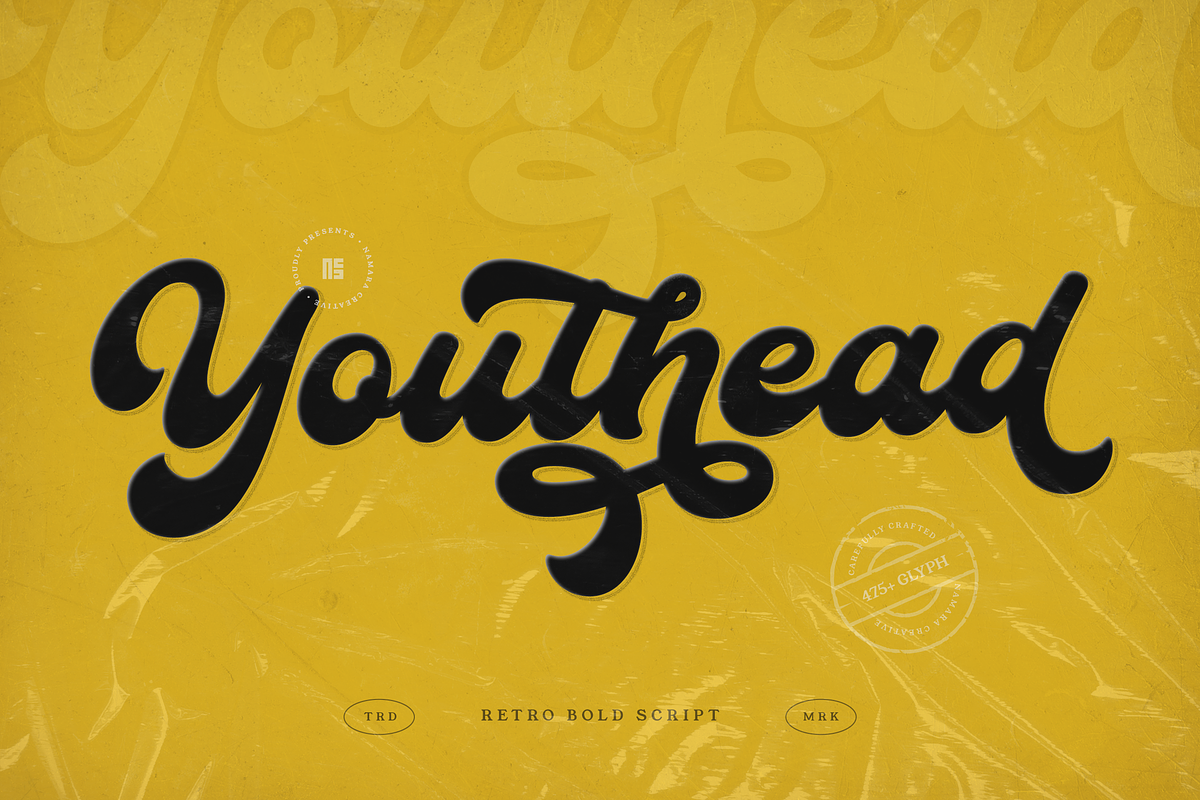 Youthead - Retro Bold Script, a Script Font by Namara Creative Studio (Photo 1 of 13)