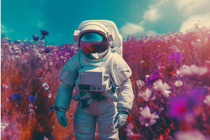 Astronaut Field Flowers. Generate Ai