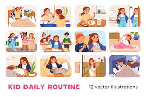 Daily routine of school girl kid set, a Person Illustration by Good Studio