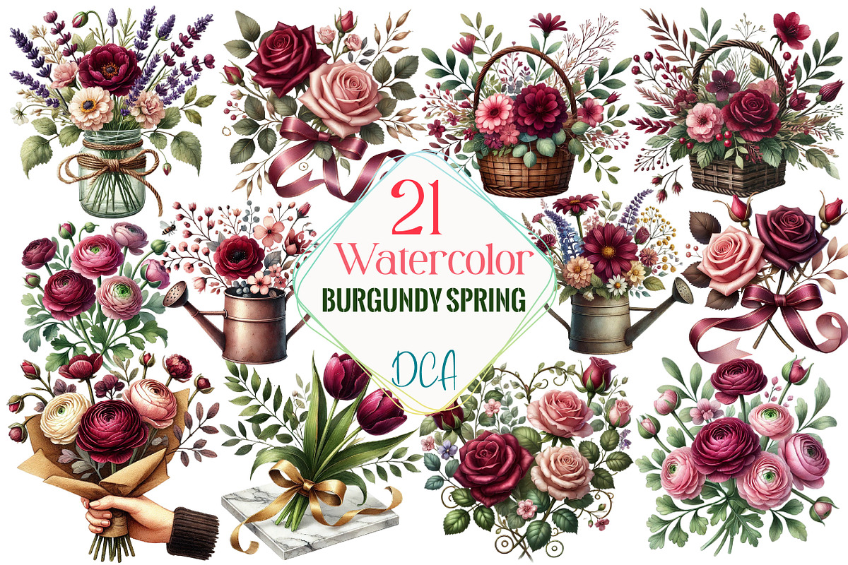 Burgundy Spring Sublimation Clipart, an Illustration by DreamCafeArt (Photo 1 of 5)