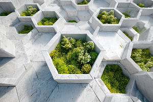 Modern hexagonal marble structure with greenery, a Nature Photo by AlyaAnd