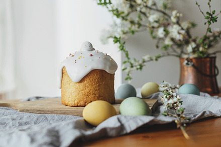 Happy Easter!  Homemade easter bread, natural dyed eggs and spri, a Holiday Photo by Sonjachni