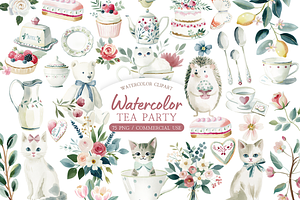 Watercolor Tea Party Clipart Bundle, an Illustration by MockupWizard