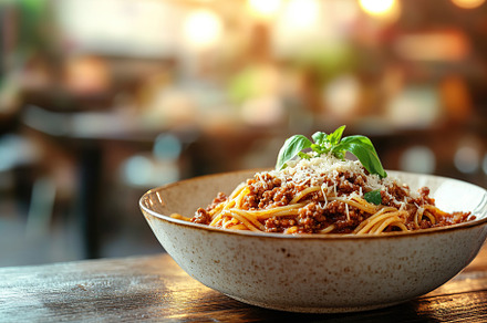 Spaghetti bolognese with ground beef in plate, a Food & Drink Photo by AlyaAnd