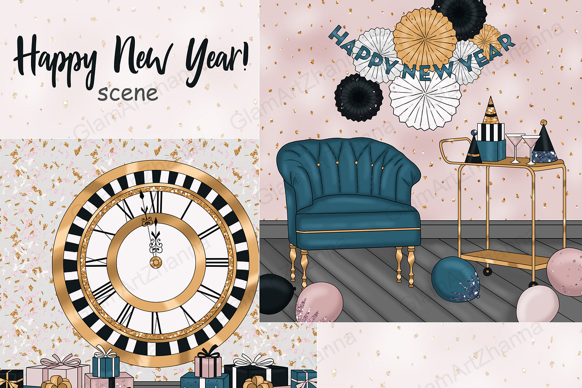 Happy New Year Gold Scene, a Seasonal Illustration by GlamArtZhanna (Photo 2 of 3)