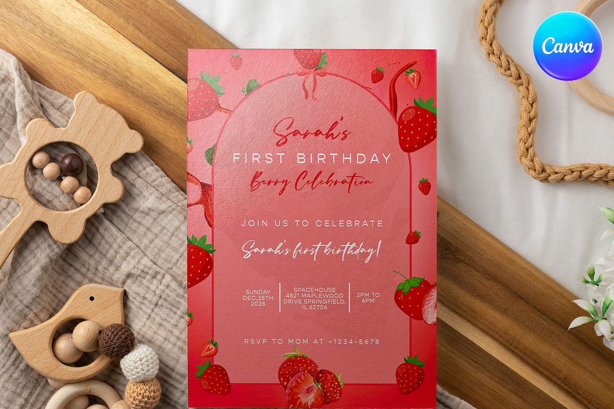 Strawberry First Birthday Invitation, an Invitation Template by InvitingStorys (Photo 5 of 10)