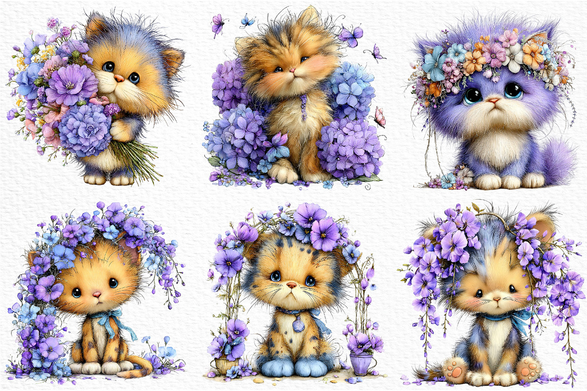 Whimsical Floral Cat Clipart Bundle, a Seasonal Illustration by Craft Nest (Photo 3 of 12)