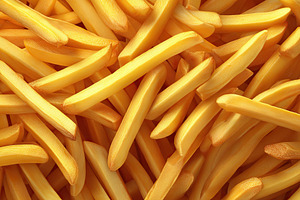 Golden crispy French fries piled high on a rustic wooden surface ready to enjoy, a Food & Drink Photo by AlyaAnd