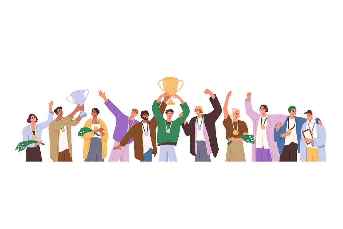 Winners with awards on pedestals set, a Person Illustration by PaperTrident (Photo 2 of 10)