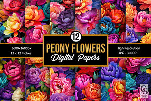 Rainbow Peony Flowers Digital Papers