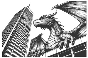 Giant Dragon Towering Over Modern, an Animal Illustration by AlexArt