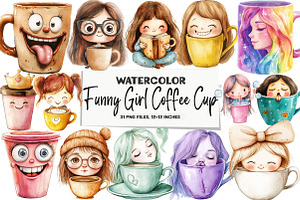Watercolor Funny Girl Coffee Cup, an Illustration by DreamArtGraphic