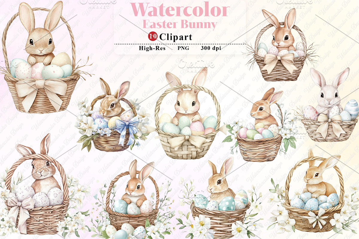 Watercolor Easter Bunny Clipart, an Illustration by Watercolor design (Photo 1 of 11)