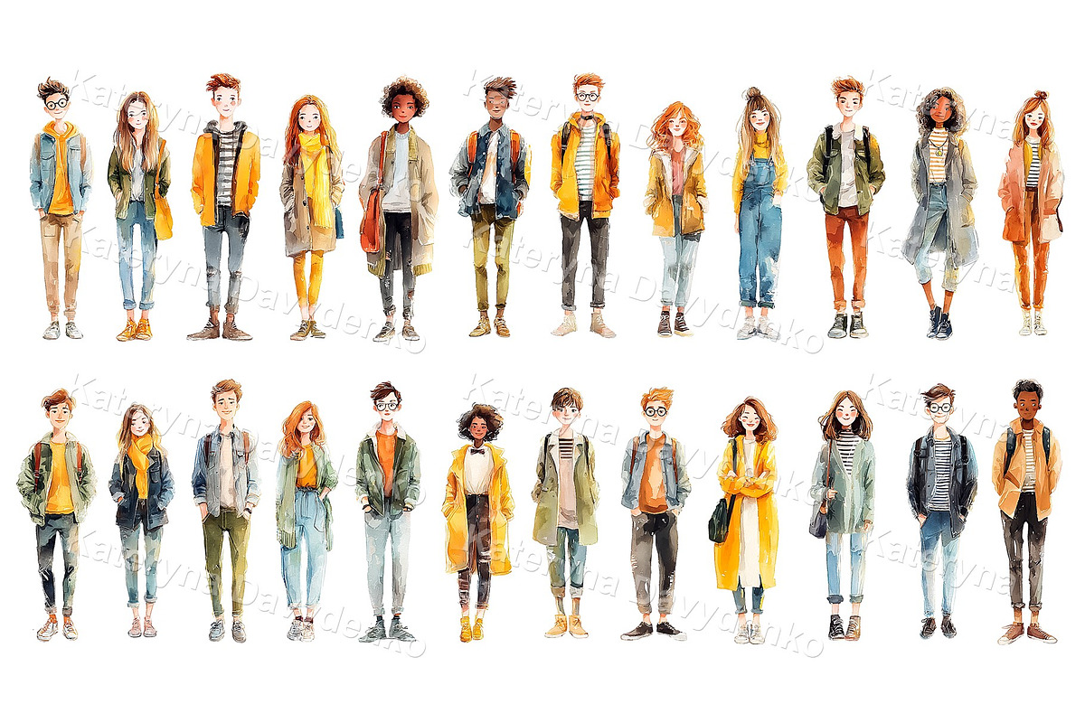 Teen Characters Watercolor PNG Set, a Person Illustration by Bubert Art (Photo 1 of 7)