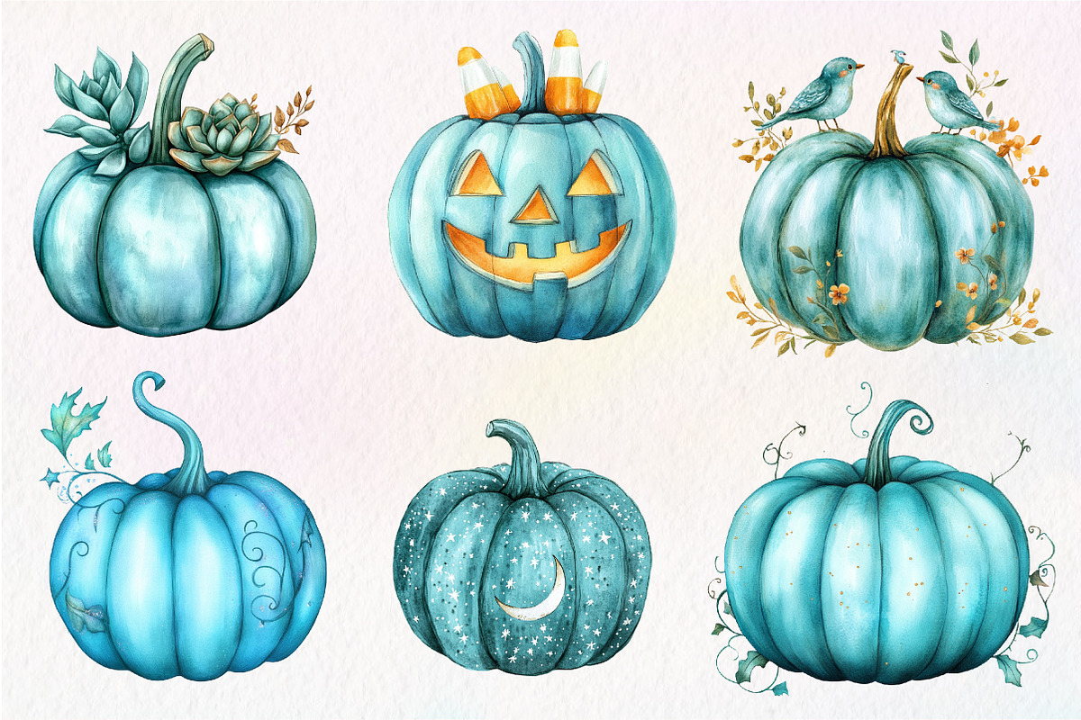 Watercolor Teal Pumpkins Clipart, an Illustration by CreationArt (Photo 2 of 5)