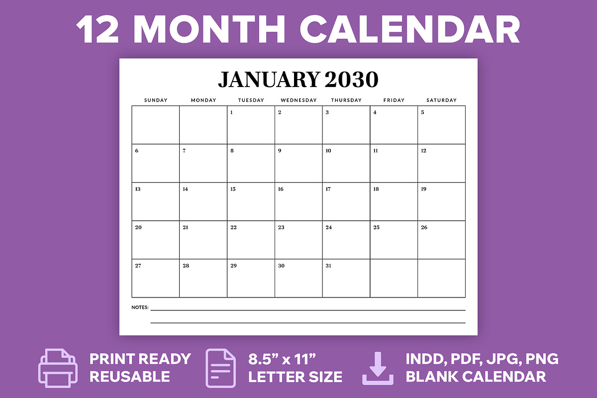2030 8.5 x 11 Inch Calendar Template, a Stationery Template by Running With Foxes (Photo 1 of 5)