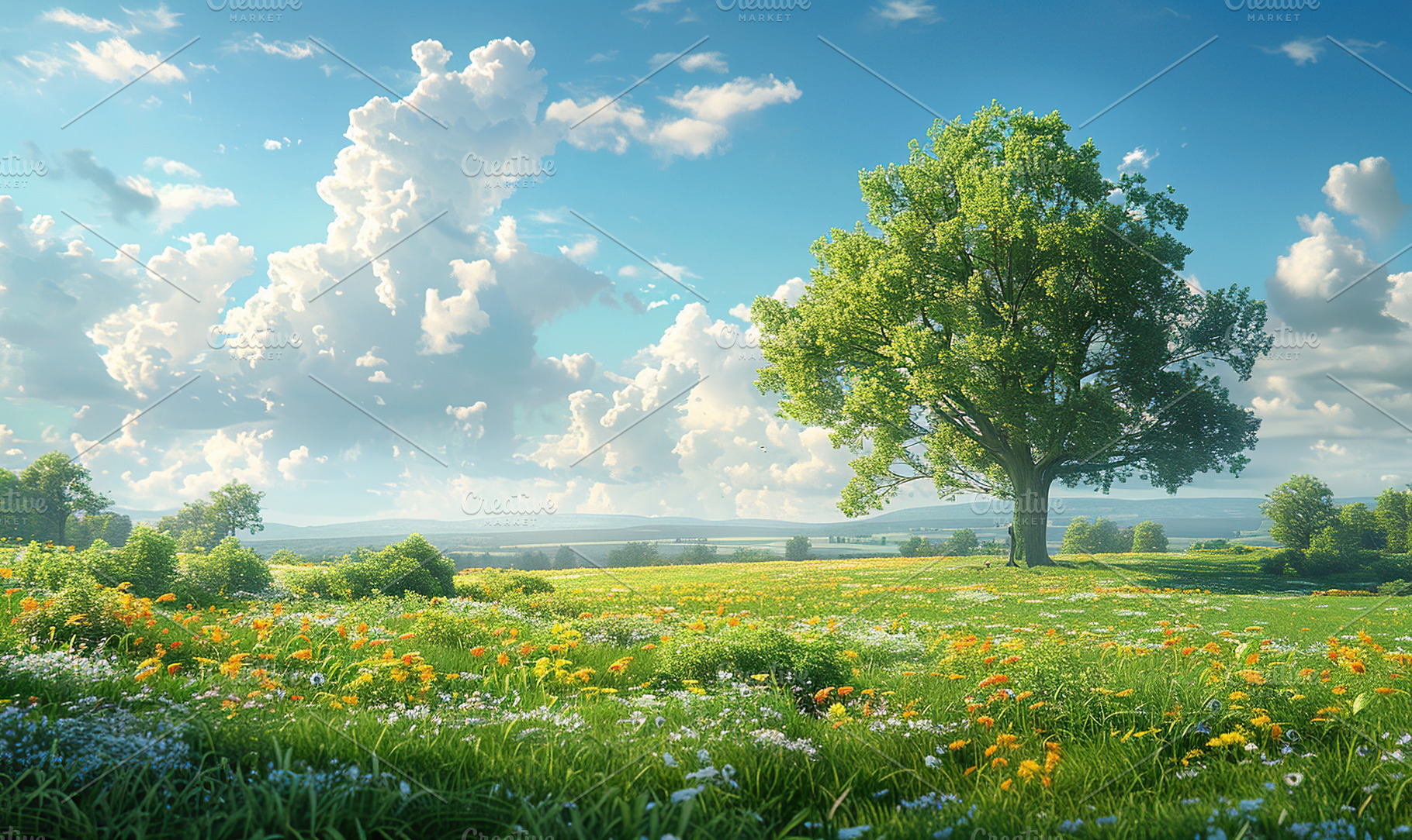 Lush green field under blue skies wi, a Photo by LOGOCREATIVE