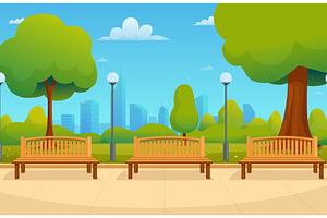 Empty city park. Wooden bench, tree, an Illustration by Valerie Bodnar