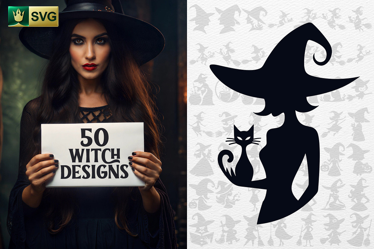 50 Halloween Witch SVG Designs, a Person Illustration by pixaroma (Photo 1 of 7)