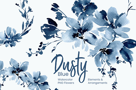 Watercolor Dusty Blue Flowers, a Decorative Illustration by GraphicsDish