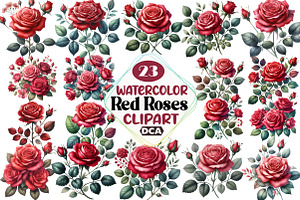 Watercolor Red Roses Clipart Bundle, an Illustration by DreamCafeArt