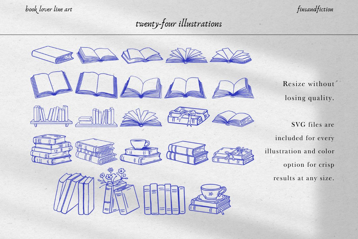 Book Lover Line Art Bundle, a Decorative Illustration by Fins and Fiction (Photo 6 of 8)