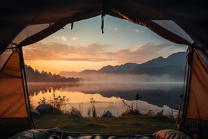 Camping Tent View of Lake and Mounta, a Nature Photo by Fascinadora