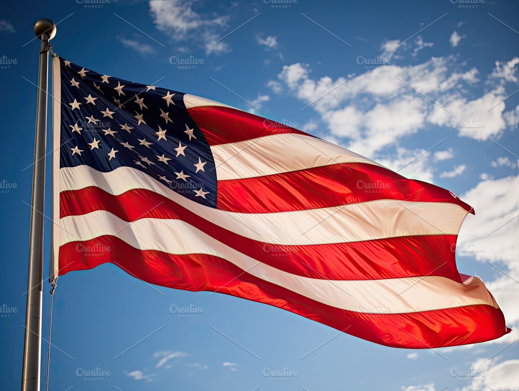 American flag waving proudly in the, a Photo by SaroStock