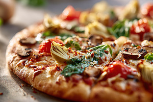 Vegan pizza topped with artichokes and spinach offers a vibrant dining experien, a Food & Drink Photo by AlyaAnd
