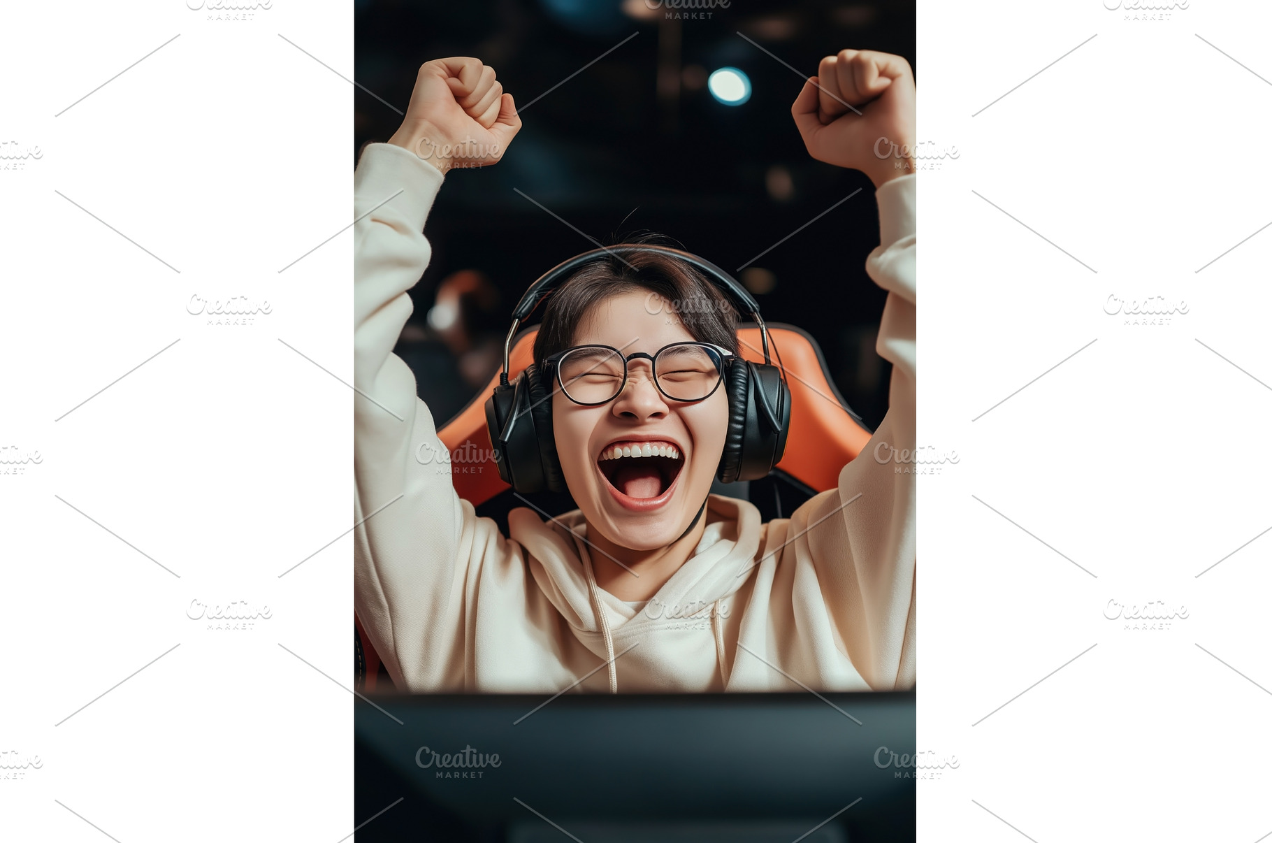 Young Asian gamer celebrates victory, a Technology Photo by Sergey Kotenev
